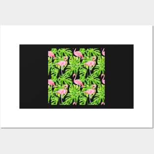 Tropical Pattern Flamingos & Pink Flowers Posters and Art